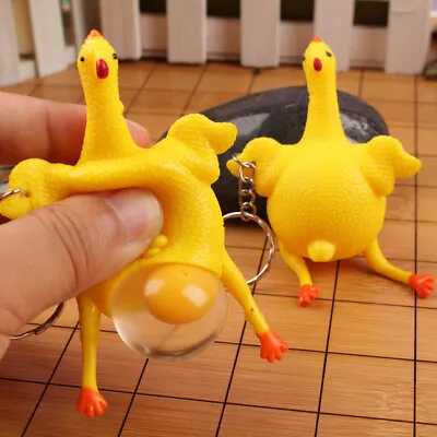 5pc Rubber Chicken Laying Keyring Egg Hens Funny Relief Stress Ball Keychain Toy • $12.50
