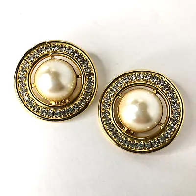 Vintage 80's LES BERNARD Runway Faux Pearl Disk Clip-on Statement Earrings • $40.45