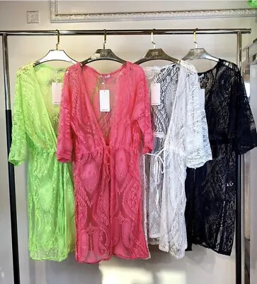 £18.99 • Buy Ladies Sheer Lace Crochet Kaftan Beach Kimono Women Cover Ups Cardigan Size 8-16