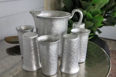 Everlast Silvercrest Hand Forged Aluminum Pitcher & 6 Tumbler  Set Vintage 1952 • $55