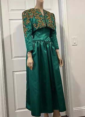 Mike Benet Vintage Evening Emerald Green Gold Sequin Formal Dress W/ Crop Jacket • $254.15