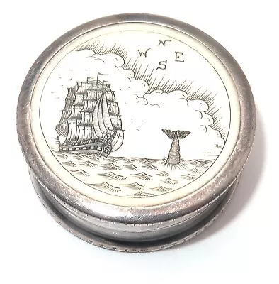 Vtg 1981 UK 925 Sterling Silver Faux Scrimshaw Tall Ship Trinket Pill Box 28.1g • $7.50