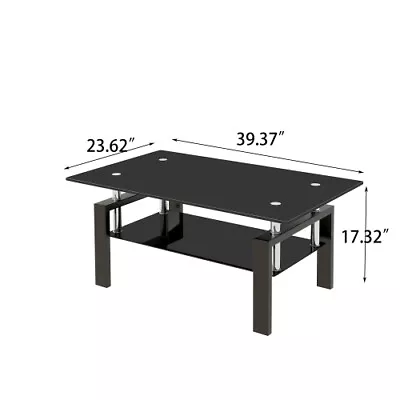 Black Glass Coffee Rectangular Table Modern W/Shelf Wood Living Room Furniture • $93.99