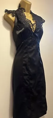 KAREN MILLEN Black Vintage Satin Lace Neck Tuxedo Cocktail Pencil Dress Uk 12 • £35