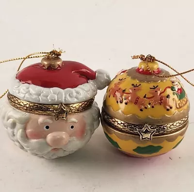 2 Hinged Trinket Box Ornaments Porcelain Santa Head & Reindeer Sleigh Christmas • $24.95