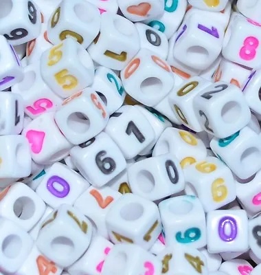 7mm Cube White + Colorful Mixed Letters Alphabets & Numbers Acrylic Beads • £7.99