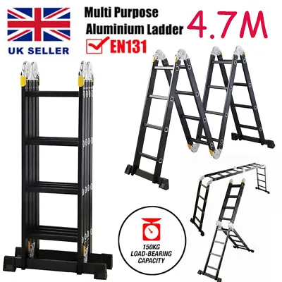 UK 4.7M Multi-Function Aluminium Folding Telescopic Step Ladder Extedable Black • £95.97