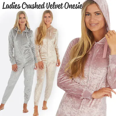 Ladies Crushed Velvet 1Onesie Velour Zip Up Hooded Jumpsuit Playsuit All In One • £17.99