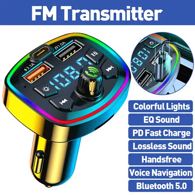 Car Wireless Bluetooth 5.0 FM Transmitter Adapter 2USB PD Charger RGB Hands-Free • $10.99