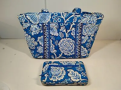 Vera Bradley Mandy Top Zip Tote Bag Purse Blue Lagoon Floral Pattern & Wallet • $30