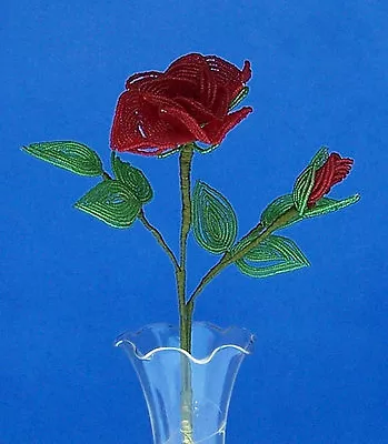 Vintage French Glass Beaded Red Rose & Bud (Dark) Flower • $32.99