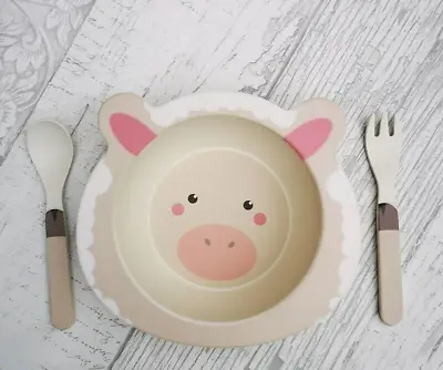 Kid's 3pc Dining Set Feeding Kit Bowl Spoon Fork Sheep Farm Animal Breakfast • £6.99