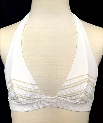 Huit 8 NEW White Knit Wireless Halter Bikini Top Gold Stitching 32B • $34.99