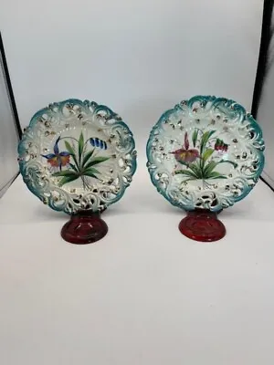 Vintage Hand Painted Floral Pottery  Reticulated Plate Made In ITALY Set Of 2 • $20