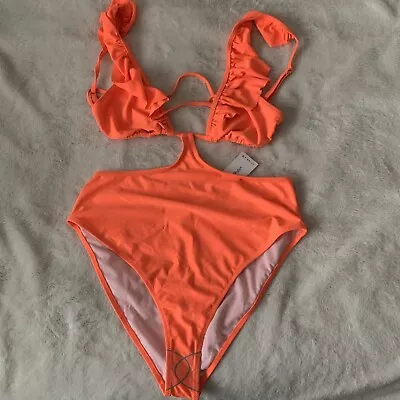 New Ladies Miss Selfridge Coral Cut Out Ruffle Swimsuit Size 16 • £20