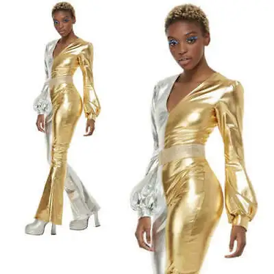 Disco Jumpsuit Female Gold 70's 60's Catsuit Lame Ladies Fancy Dress Outfit • £34.99