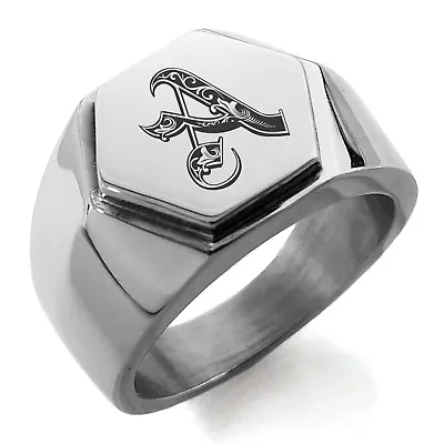 Stainless Steel Royal Initial Monogram Letter A Mens Hexagon Crest Signet Ring • $15