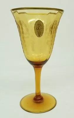 Tiffin  Charmain  Amber 6 5/8  Water Goblet Iris Etch Gold Encrusted - 7 Avail. • $27.99