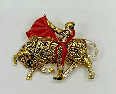 Vintage Estate Matador Bullfighter Bull Damascene Spanish Filigree Brooch • £19.29