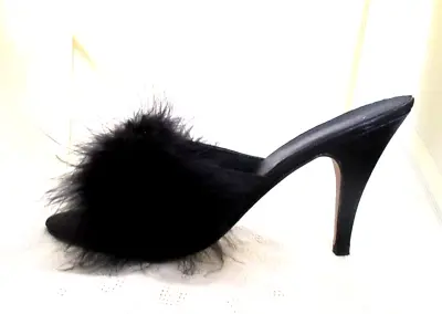 NEVER WORN VTG. FREDERICK'S OF HOLLYWOOD Black SATIN / FEATHERS SLIPPERS PUMPS 9 • $24.99