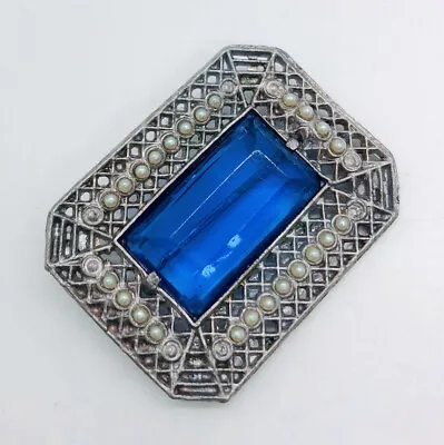 Art Deco Faceted Sapphire Glass & Faux Seed Pearl Brooch Antique Jewelry • $29.99