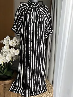 Pretty Marks And Spencer Black Vertical Line Midi Dress Button Neck Size UK 12 • £30