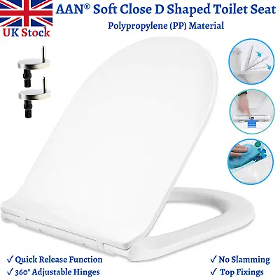 Soft Close D Shaped Toilet Seat Cover Quick Release Adjustable Hinges Anti Slam • £15.95