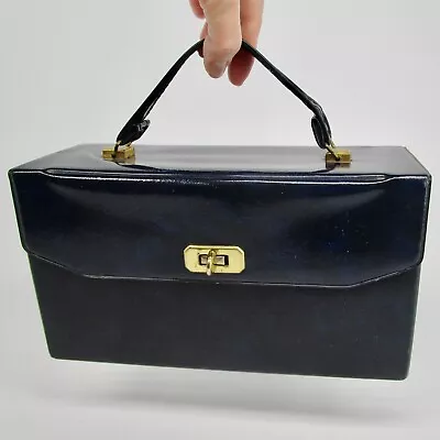 Vintage Vinyl Rectangular Box Black Purse Handbag 60s Structured Mod Turn Lock • $24.99