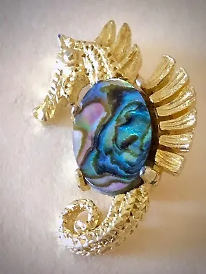 Seahorse Brooch Prong Set Blue Abalone Shiny Gold Tone Safety Clasp 1.5  • $6.49