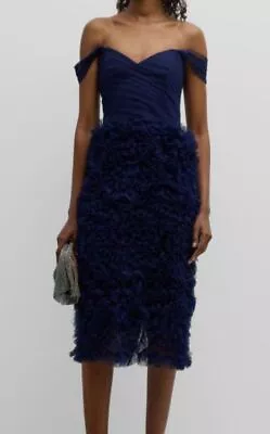 $897 Marchesa Notte Women's Blue Polka Dot Ruffled Off-Shoulder Dress Size 10 • $286.78