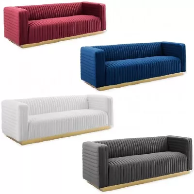 Velvet Sofa Couch Channel Tufted Vintage Glamour Gold Base Maroon Blue White Gry • $1349.96