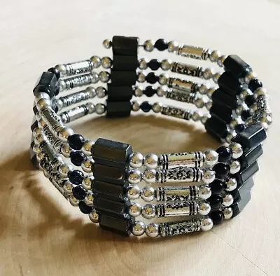 Therapeutic Magnetic Hematite Bead Wrap Bracelet Necklace Silver Plate Black • $14.95