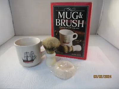 Vintage Surrey Milk Glass Shaving Mug The Brigantine Ship & Brush & Soap Cake • $16.99