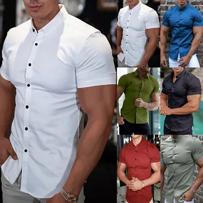 Men Button Solid Shirt Casual Business Tops Short Sleeve Slim Fitness Muscle Tee • $17.09