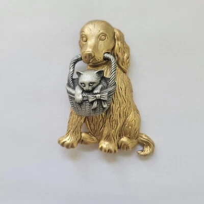 $18 • Buy Vintage Pin Brooch Signed JJ Dog & Kitten Cat Brass/Silver Tone Jonette Jewelry