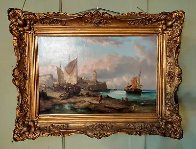 Oil Painting - 19th Century Continental Scene W/ Fishermen In A Harbour • £1725