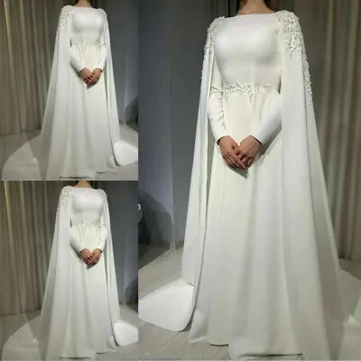 White Muslim Wedding Dress With Cape A Line Long Sleeves Sweep Train Bridal Gown • $139.99