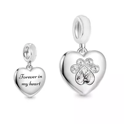 Dog Cat Memorial Charm 💖 Forever In My Heart Paw Genuine 925 Sterling Silver  • £16.95
