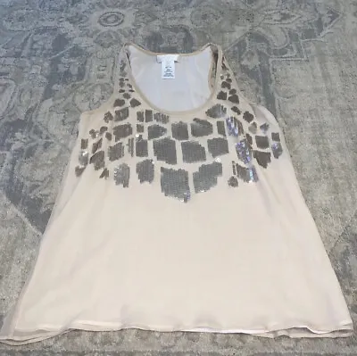 MM Couture Miss Me Silk Pinkish Beige Sequin Overlay Tank Top Sz Medium Womens • $12