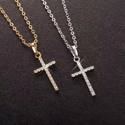 Crystal Cross Pendant Necklace Chain Silver Gold Colour • £1.99