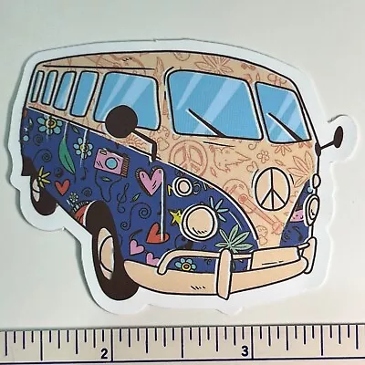 $3.99 • Buy Hippie Van Tan Gray & Royal Blue Peace Love Flowers Bus VW - Vinyl Sticker Decal