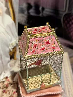 Vintage Artisan Miniature Dollhouse Hand Painted Bird Cage Pink Bird FRANCE • $128