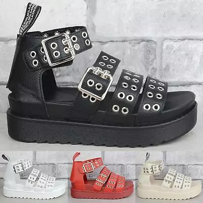 Womens Ladies Platform Strappy Eyelet Gladiator Sandals Chunky Sole Shoes Size • £19.99