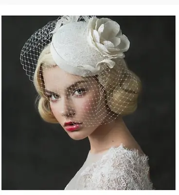 Classic Vintage Bridal Birdcage Veil Beaded Flower Hat Royal Wedding Accessory • $29.49