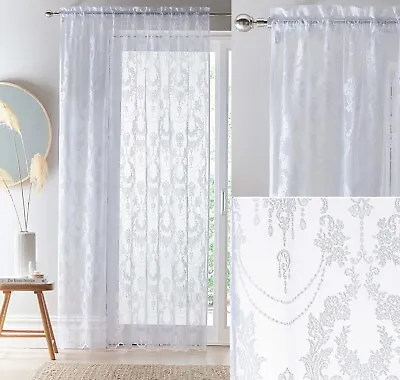 Damask Vintage Lace Curtains Panel Voile Net Slot Top Header White 183cm 72  New • £8.95