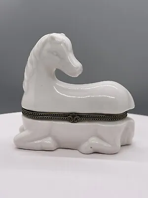  Vintage Hinged Trinket Box White Porcelain Horse • $16.99