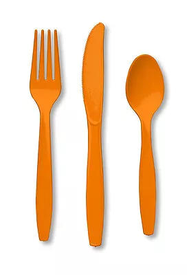 24 Piece Sunkissed Orange Premium Plastic Forks Spoons Knives Cutlery  - 8 Ea • £2.79