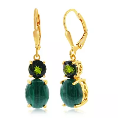 Sterling Silver Oval Malachite W/ Round Chrome Diopside Earrings - Gold Plated • $141