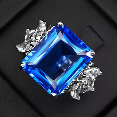 Splendid Intense Blue Topaz Baguette 11.0CT 925 Sterling Silver Rings Size 5.25 • $34.99