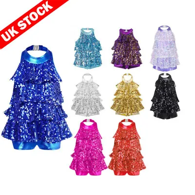 UK Girls Shiny Sequins Halter Neck Shorty Unitard Dress Dance Dancewear Costume • £17.57